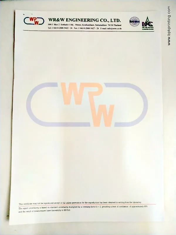 กระดาษหัวจดหมายของบริษัท WR&W ENGINEERING CO., LTD. พิมพ์โลโก้บริษัทและหน่วยรับรองอย่างชัดเจน พร้อมลายน้ำโลโก้กลางแผ่น เสริมความน่าเชื่อถือและความเป็นมืออาชีพในงานเอกสารทางวิศวกรรม ผลิตโดยโรงพิมพ์บีพีเค พริ้นติ้ง (BPK Printing) โรงพิมพ์ครบวงจรที่เชี่ยวชาญด้านการพิมพ์หัวจดหมายสำหรับองค์กรธุรกิจและงานอุตสาหกรรม ด้วยคุณภาพระดับมาตรฐานสากล