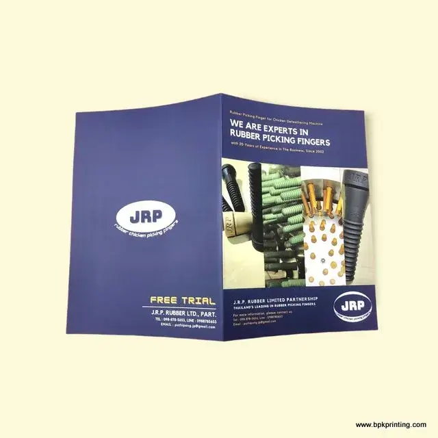 โบรชัวร์บริษัท J.R.P. Rubber แนะนำผลิตภัณฑ์นิ้วยางถอนขนไก่สำหรับเครื่องจักร พร้อมภาพตัวอย่างสินค้าและข้อมูลการติดต่อบนพื้นหลังสีน้ำเงินเข้ม