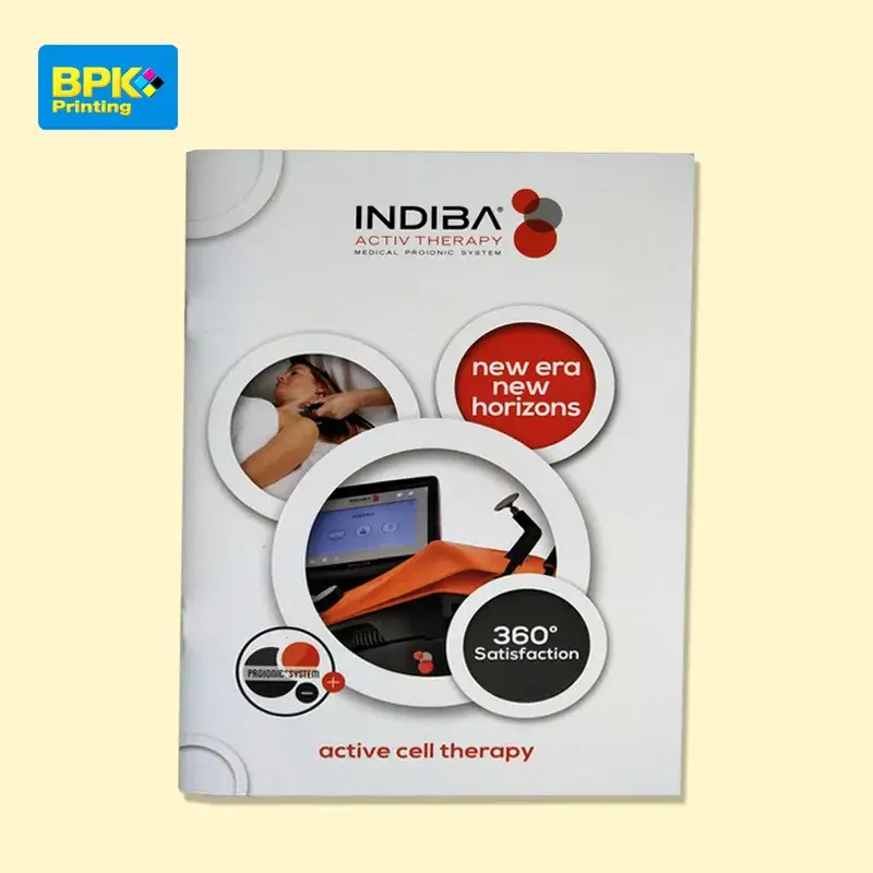 หน้าปกโบรชัวร์เครื่องมือกายภาพบำบัด INDIBA Activ Therapy พิมพ์โดยบีพีเค พริ้นติ้ง แสดงภาพอุปกรณ์และข้อความส่งเสริมการรักษาแบบ active cell therapy ด้วยระบบ Proionic System
