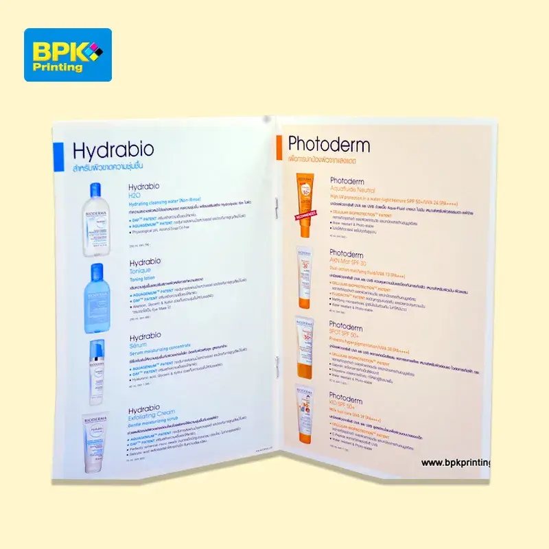 หน้าแคตตาล็อกผลิตภัณฑ์ BIODERMA พิมพ์โดยบีพีเค พริ้นติ้ง แสดงรายละเอียดสินค้ากลุ่ม Hydrabio สำหรับเพิ่มความชุ่มชื้น และ Photoderm สำหรับปกป้องผิวจากแสงแดด พร้อมภาพผลิตภัณฑ์และคำอธิบายคุณสมบัติ