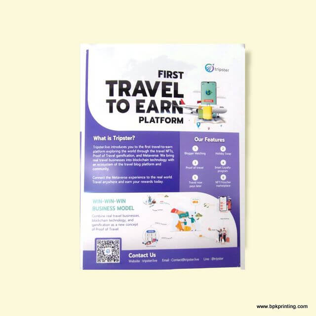 ใบปลิวประชาสัมพันธ์แพลตฟอร์ม Tripster ‘Travel to Earn’ ที่ผสานการท่องเที่ยวกับบล็อกเชนและเกมฟิเคชัน มีไอคอนฟีเจอร์และคิวอาร์โค้ด ออกแบบทันสมัย พิมพ์คมชัดโดย บีพีเค พริ้นติ้ง โรงพิมพ์ครบวงจรคุณภาพสูง