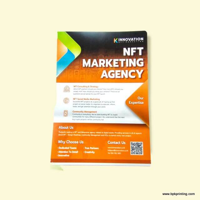 ใบปลิวประชาสัมพันธ์ NFT Marketing Agency จาก K Innovation โทนสีส้ม-ดำ-ขาว พร้อมคิวอาร์โค้ด บริการด้าน NFT, Social Media, Community Management ออกแบบทันสมัย พิมพ์ด้วยระบบคุณภาพโดย บีพีเค พริ้นติ้ง โรงพิมพ์ครบวงจร