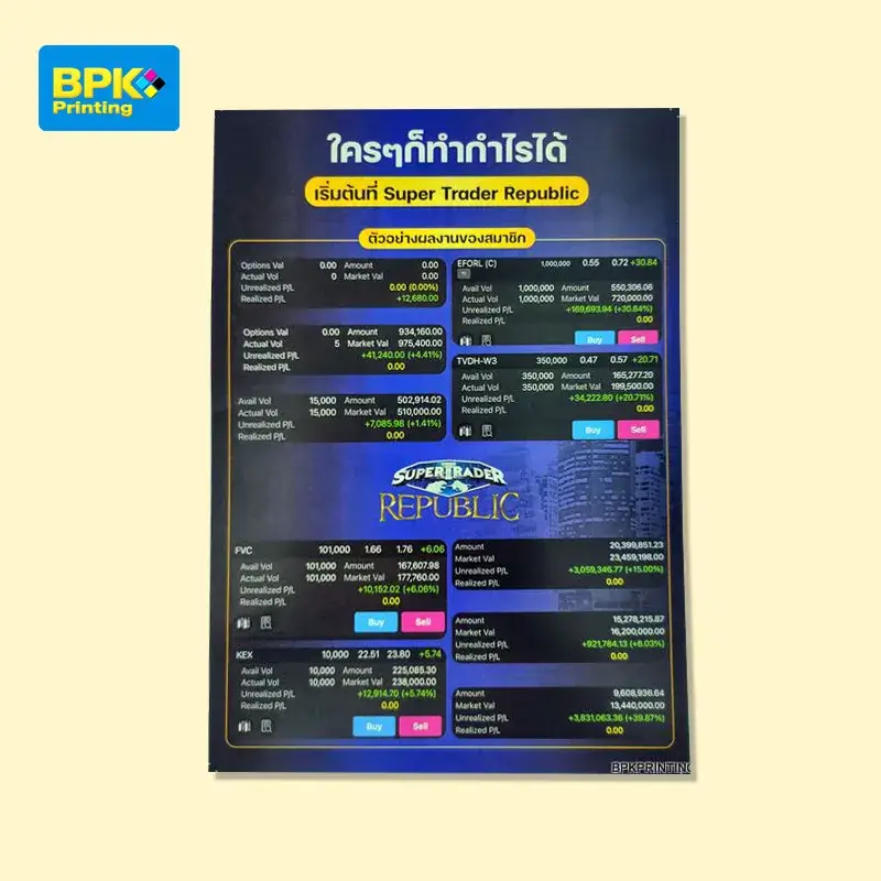 ใบปลิวแสดงตัวอย่างผลกำไรจากการเทรดของสมาชิก Super Trader Republic ใช้กราฟิกสีสันสดใสและตัวเลขกำไรขาดทุนชัดเจน พิมพ์ด้วยคุณภาพสูงโดยโรงพิมพ์ บีพีเค พริ้นติ้ง