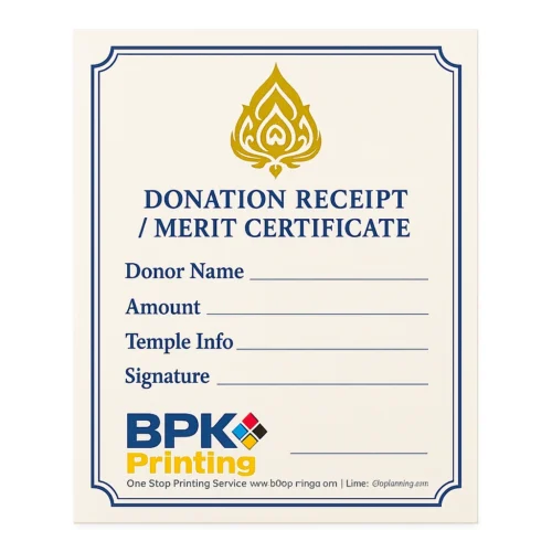 รับพิมพ์ใบอนุโมทนาบัตร ใบอนุโมทนาบัตร พิมพ์ทอง พิมพ์รายชื่อผู้บริจาคและวัดด้วยระบบออฟเซ็ต