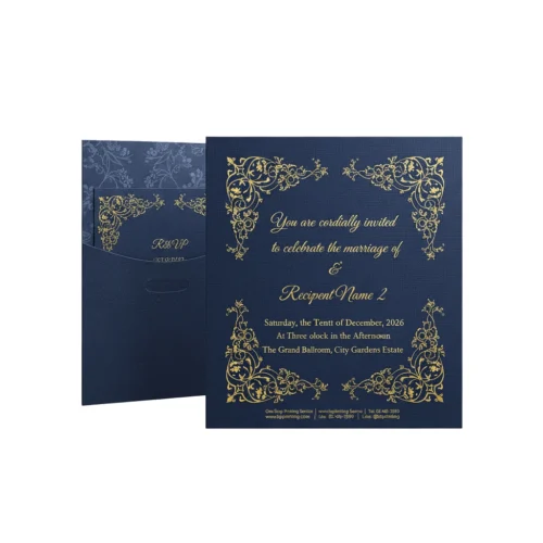 รับพิมพ์การ์ดเชิญงานแต่งงานหรูหราปั๊มฟอยล์ทองพื้นสีน้ำเงินเข้ม