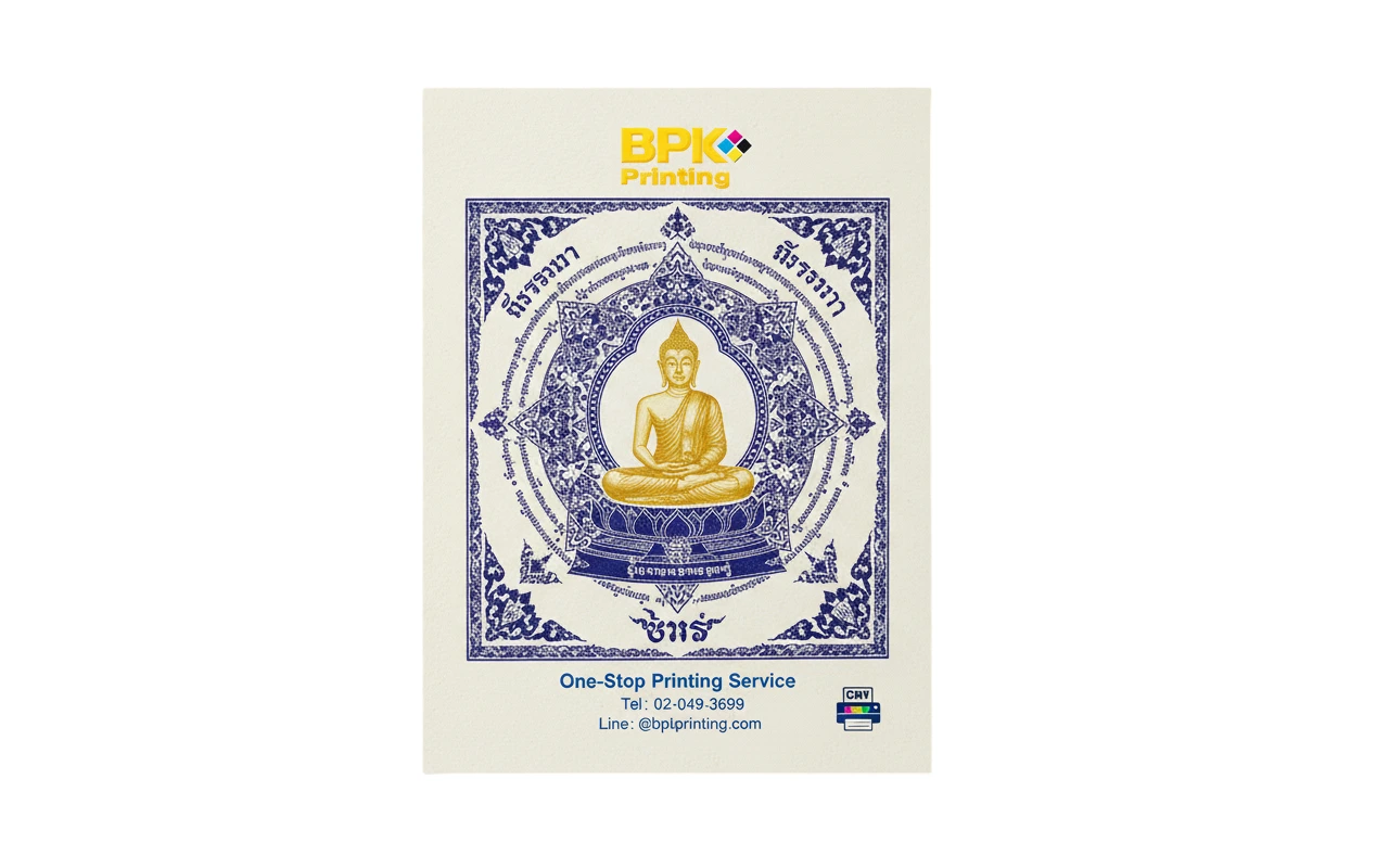 ภาพยันต์พิมพ์ทองพร้อมพระพุทธรูปสำหรับบูชาและมอบเป็นของที่ระลึก