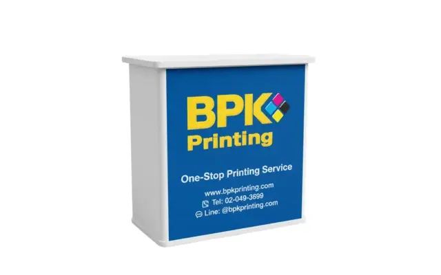 รับผลิตโต๊ะชงชิมเคาน์เตอร์ออกบูธพิมพ์ลายครบสี พร้อมโลโก้บริษัทโดย BPK Printing
