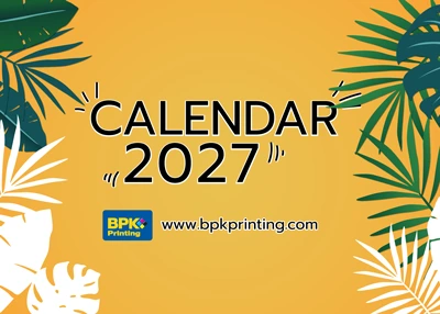 เทมเพลตหน้าปกปฏิทินปี 2570 (2027) ดีไซน์มงคลสีเหลืองทอง โดยโรงพิมพ์ BPK Printing
