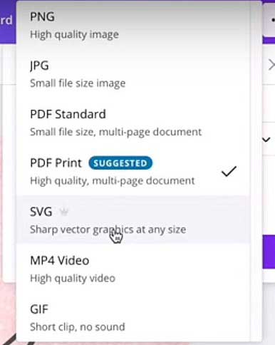 เมนูดาวน์โหลดไฟล์ใน Canva แสดงตัวเลือก PDF Print สำหรับงานพิมพ์คุณภาพสูง พร้อมไฟล์ SVG PNG และ JPG